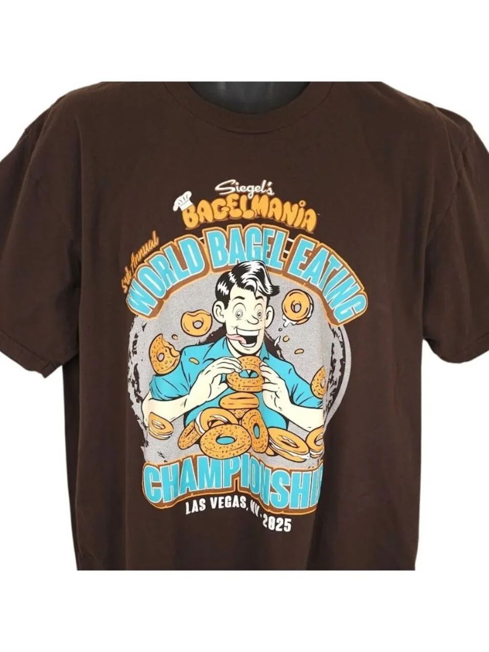 World Bagel Eating Championship T Shirt Mens Size XL Brown Siegels Bagelmania